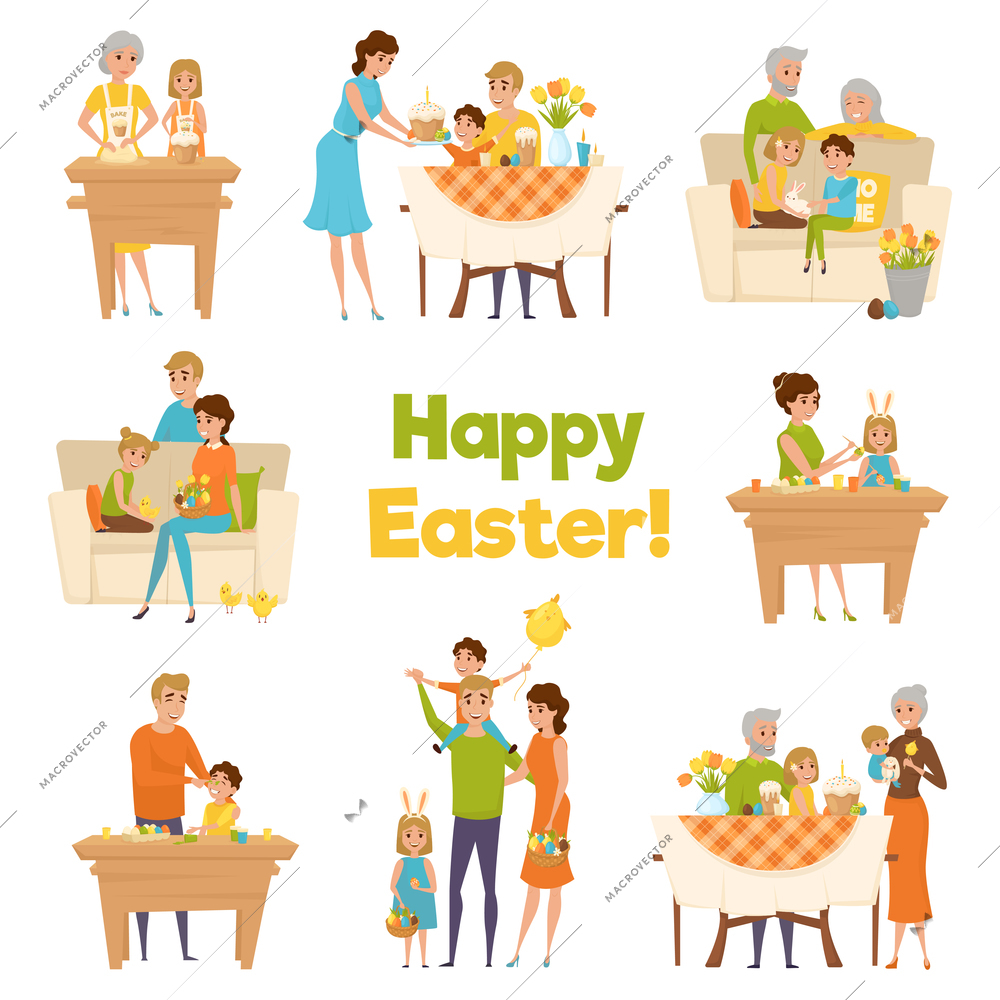 Family easter big set with flat cartoon characters of happy celebrating parents with children and grandparents vector illustration