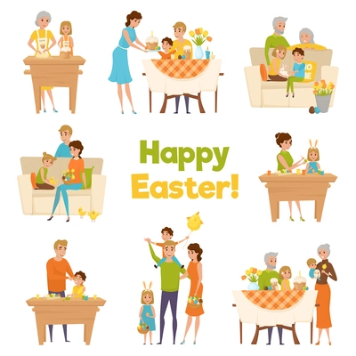 Family easter big set with flat cartoon characters of happy celebrating parents with children and grandparents vector illustration