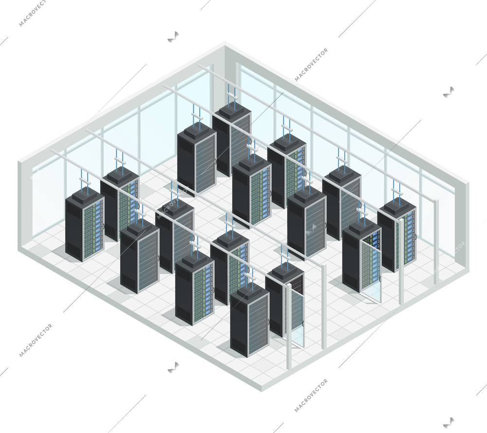 Datacenter server cloud computing isometric interior composition with group of server racks filled with network connected hardware vector illustration