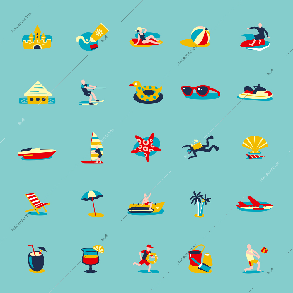 Summer beach vacation symbols people and accessories retro icons collection on water blue background isolated vector illustration