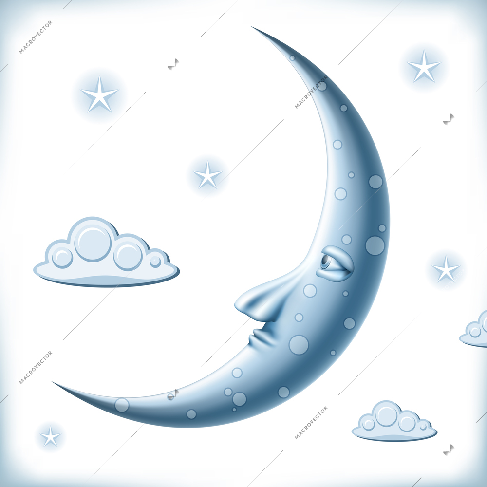 Blue Moon in sky with clouds and stars