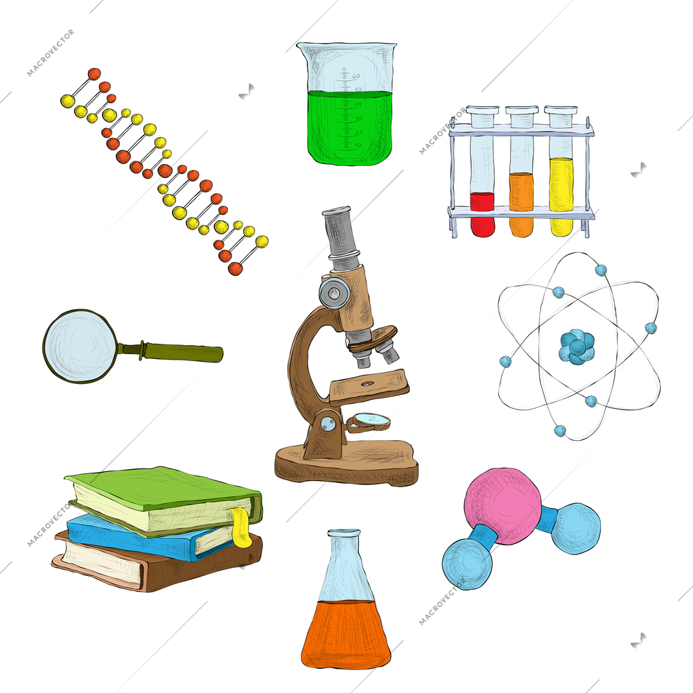 Science decorative elements icons set with microscope dna flasks books isolated vector illustration