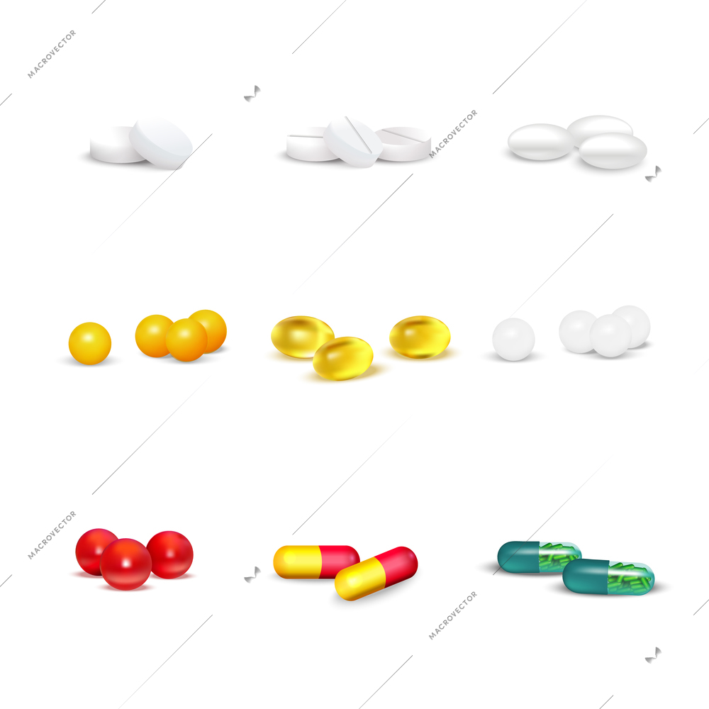 3D set of pills and capsules of various shapes and colors on white background isolated vector illustration