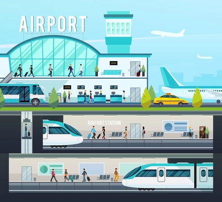 Transport terminal compositions with airport interior elements and planes and railway station with trains isolated vector illustration