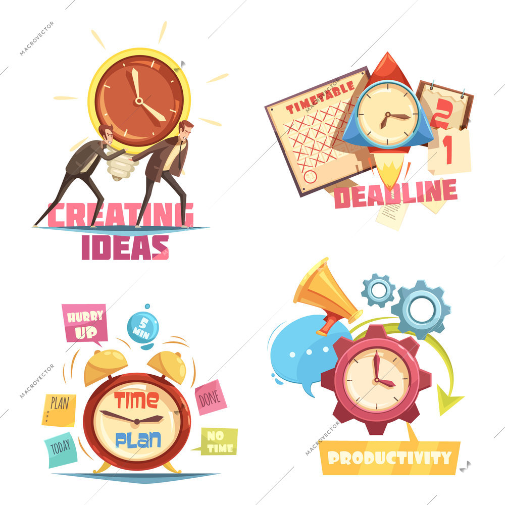 Time management retro cartoon compositions with creating ideas and deadline effective planning and productivity isolated vector illustration