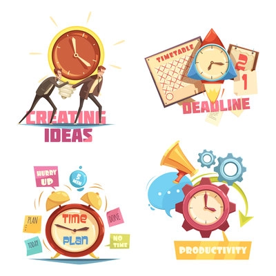 Time management retro cartoon compositions with creating ideas and deadline effective planning and productivity isolated vector illustration