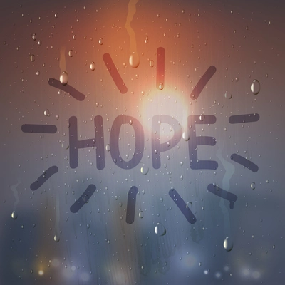 Realistic hope word on misted glass composition with flash light on background vector illustration