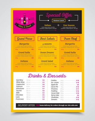 Cafe bistro menu template with special business lunch and free delivery delivery offer colorful realistic vector illustration