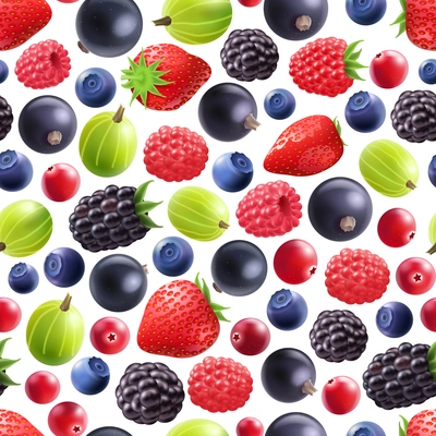 Realistic berries seamless pattern with black currant gooseberry raspberry strawberry blackberry blueberry on white background vector illustration