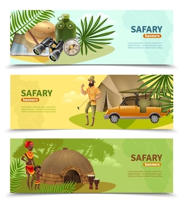 Three isolated horizontal safari banner set with big colored headlines and different themes of safari vector illustration