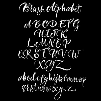 Black background with white scrawling alphabet lettering made with brush in hand drawn style flat vector illustration