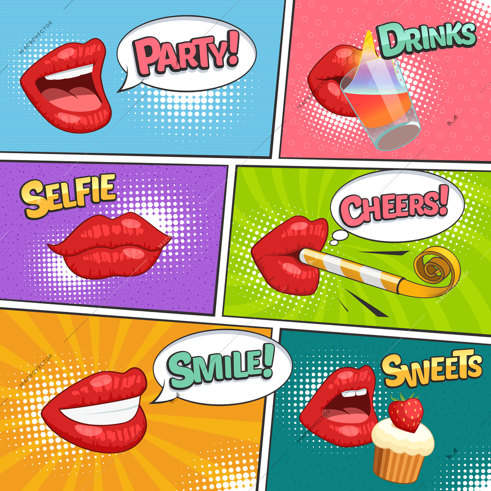 Funny party comic page with bright red female lips drinking smiling eating cartoon vector illustration