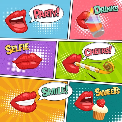 Funny party comic page with bright red female lips drinking smiling eating cartoon vector illustration