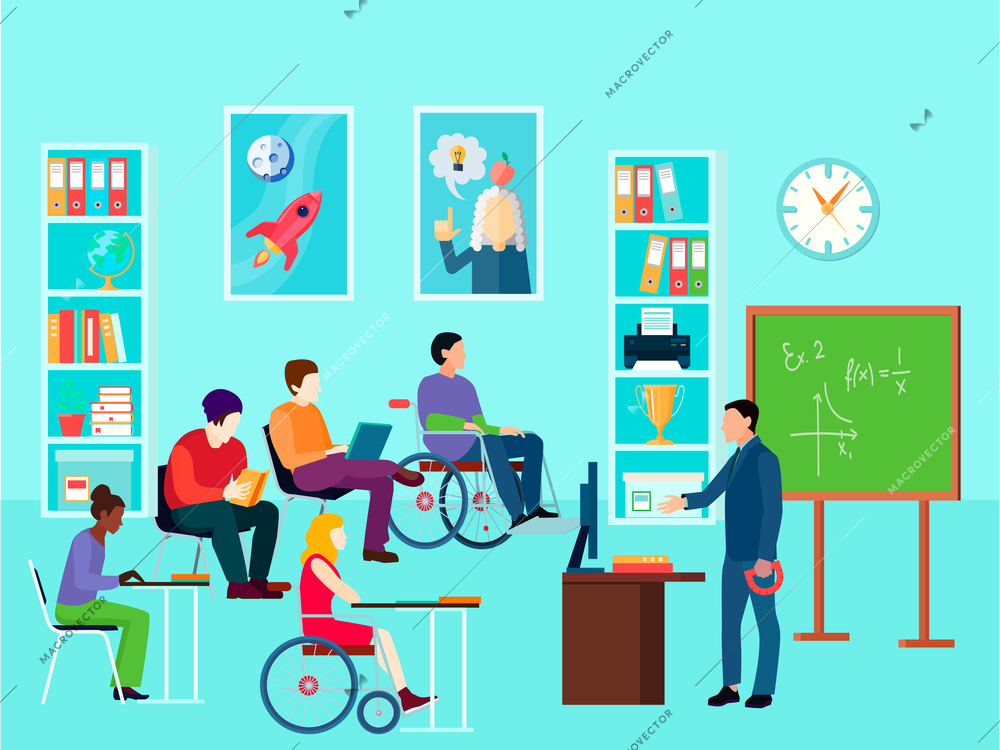 Education classroom disabilities composition with disabled students and teacher with wallpaper posters and furniture faceless characters vector illustration