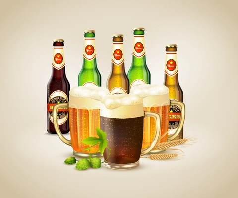 Bottles and cups with fresh cold dark and light beer realistic background vector illustration