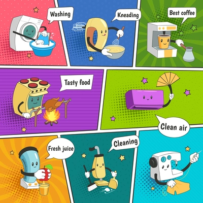 Household appliances bright colorful comic page with funny icons showing home electrical equipment as cartoon characters flat vector illustration