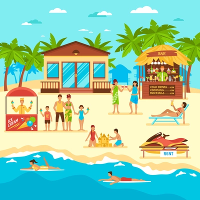 Beach with people bar and stall with icecream rent of water motorbike flat style vector illustration