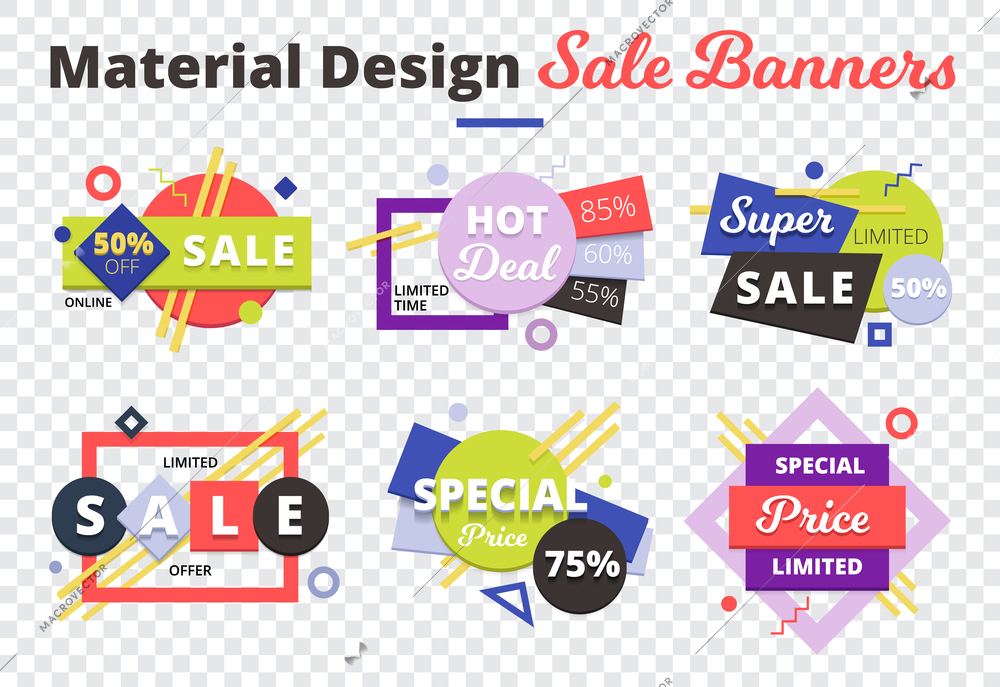 Sale transparent icon set with material design sale banners description on top vector illustration