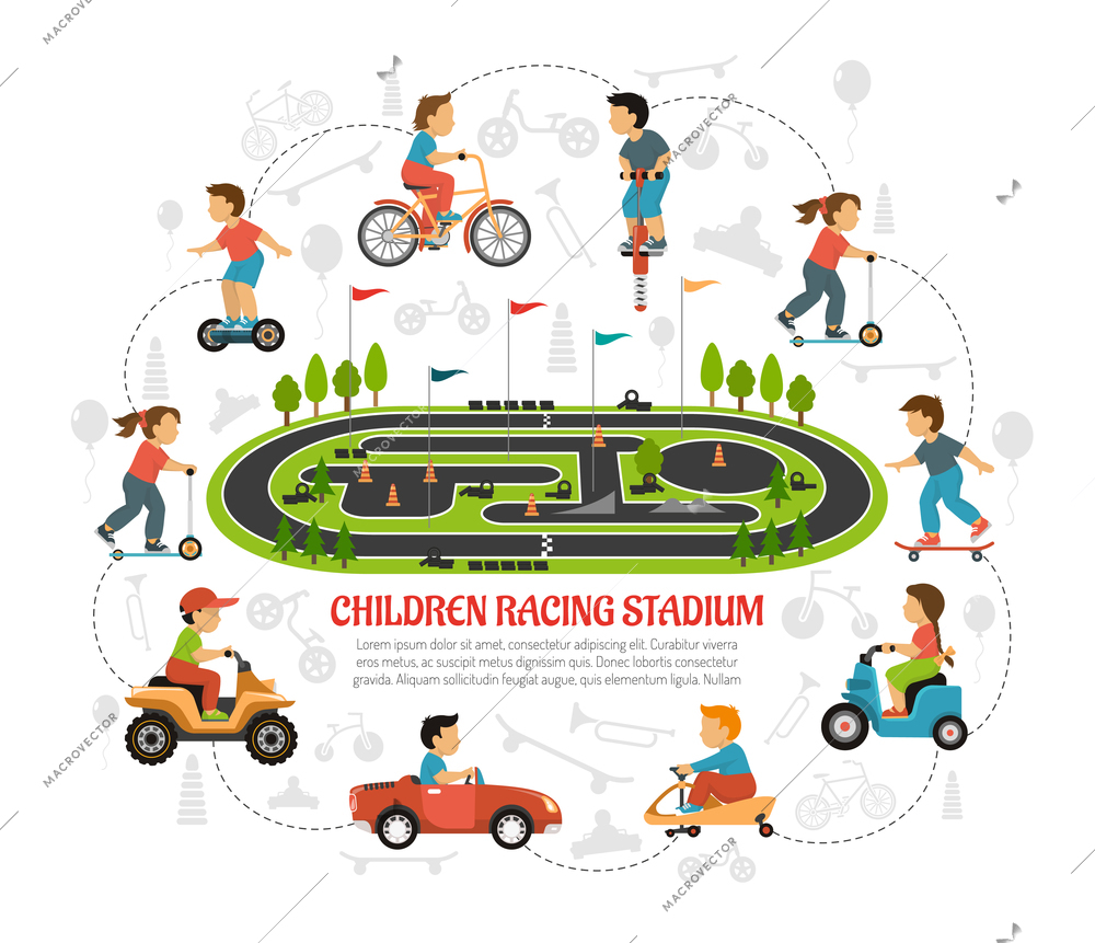 Transport children background with sports area scenery flat images of kids and toys silhouettes with text vector illustration