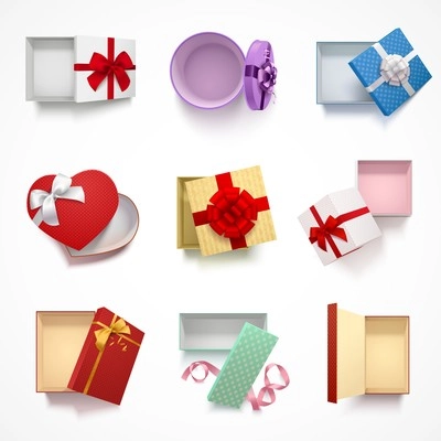 Collection of eight isolated top view realistic gift boxes with top cover and different ornament patterns  vector illustration