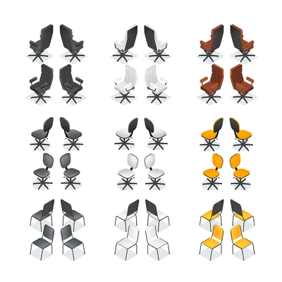 Colored and isolated isometric office chair icon set with different styles and colors vector illustration