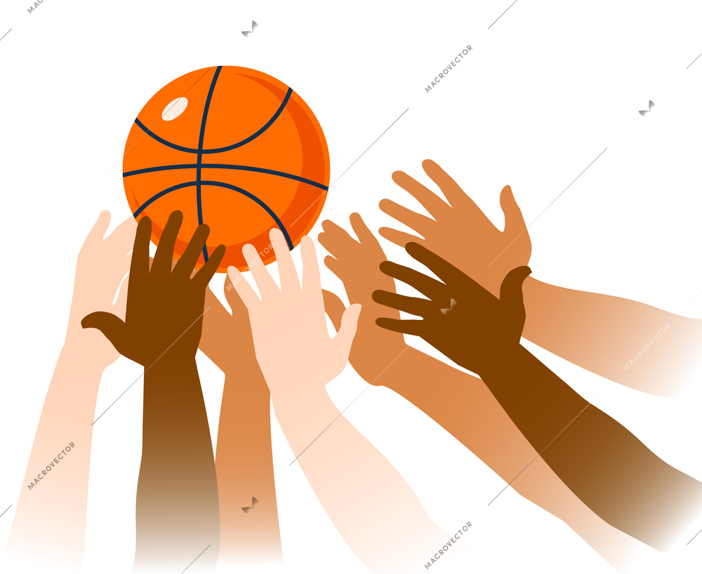 Basketball game moment closeup with ball and hands of players on white background vector illustration