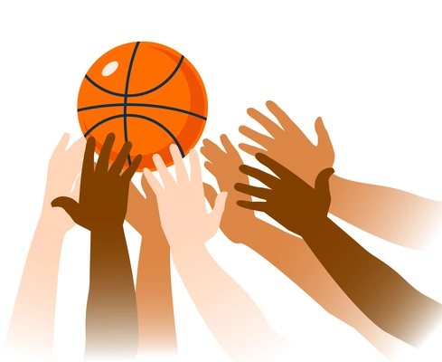 Basketball game moment closeup with ball and hands of players on white background vector illustration