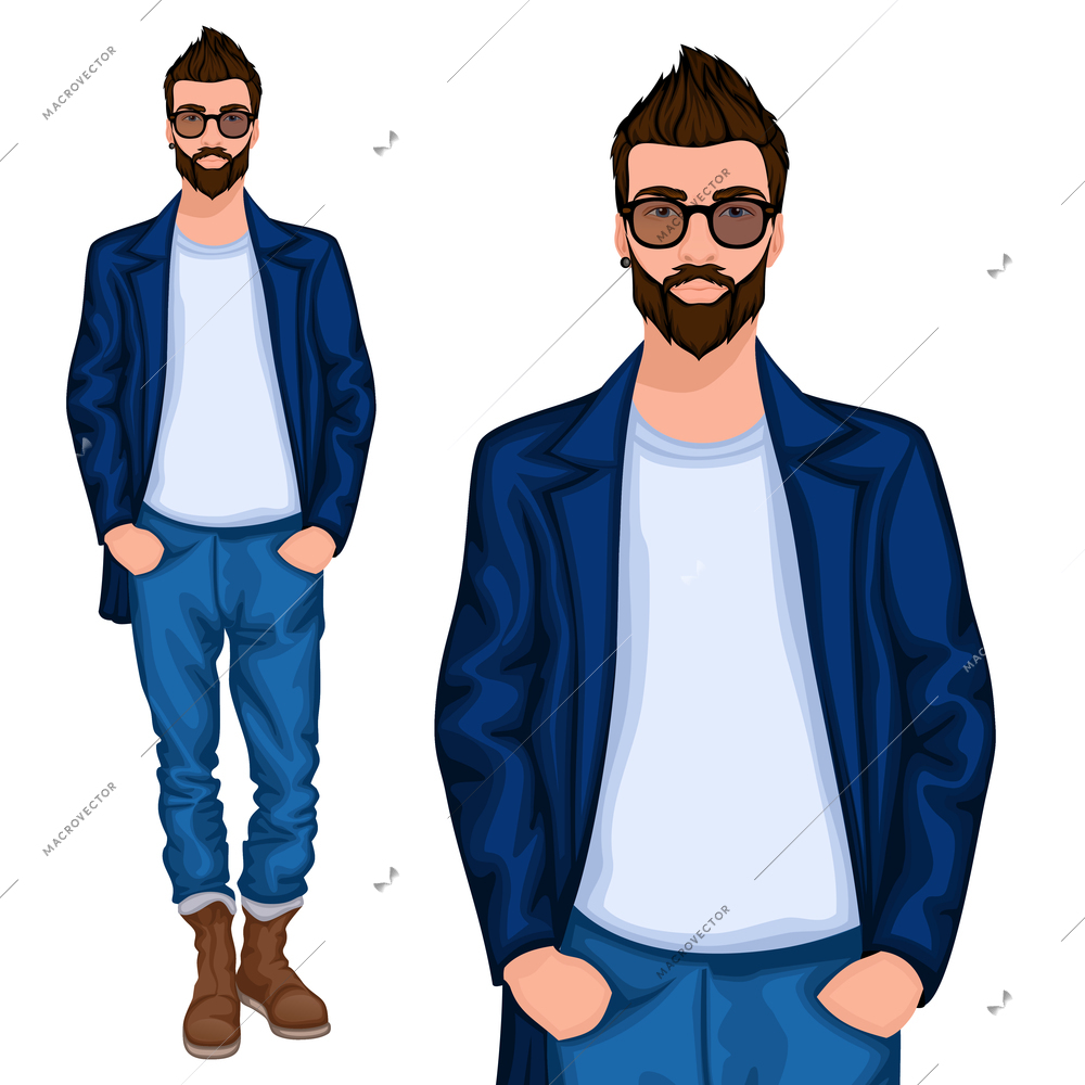 Young handsome casually dressed hipster geek guy with modern haircut in jeans vector illustration