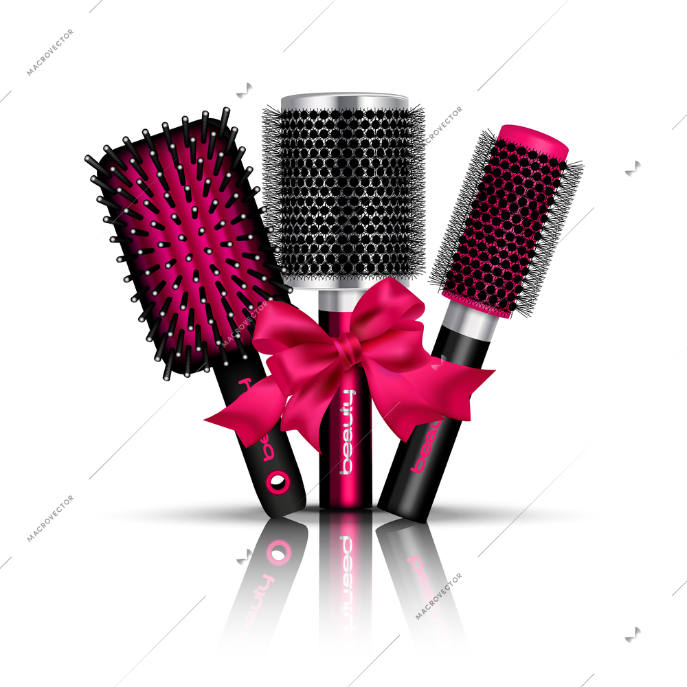 Realistic hair brush composition with three hairbrushes for styling tied a red ribbon vector illustration