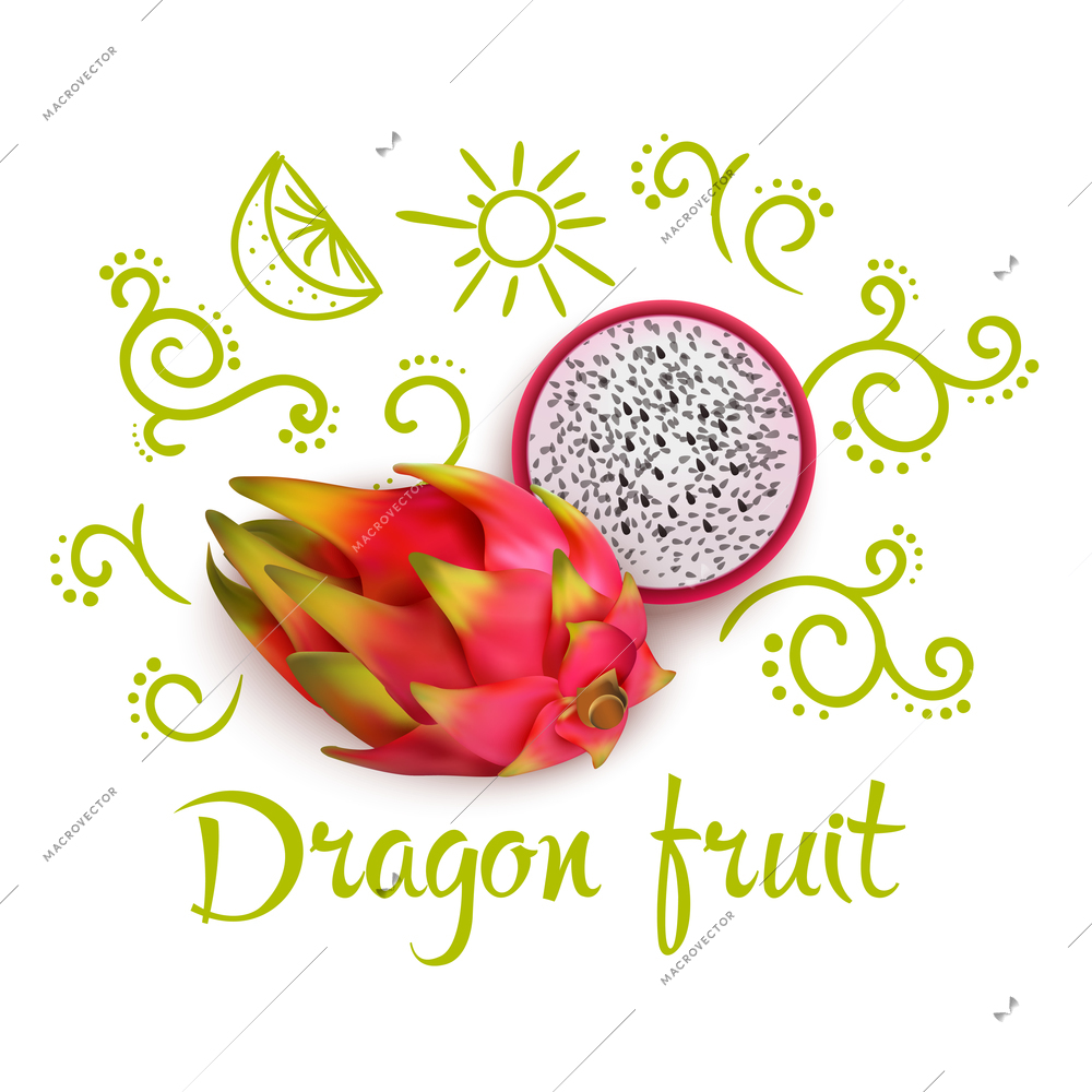 Doodles with flourishes citrus slices and typographic lettering around 3d dragon fruit on white background vector illustration