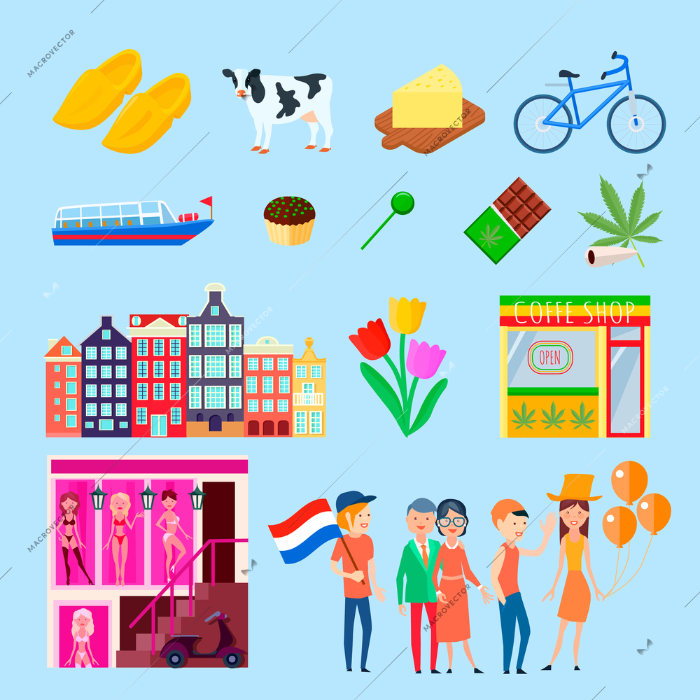 Amsterdam stereotype set with cartoon images of cityscape houses tulips bordello cannabis coffeeshops and people characters vector illustration