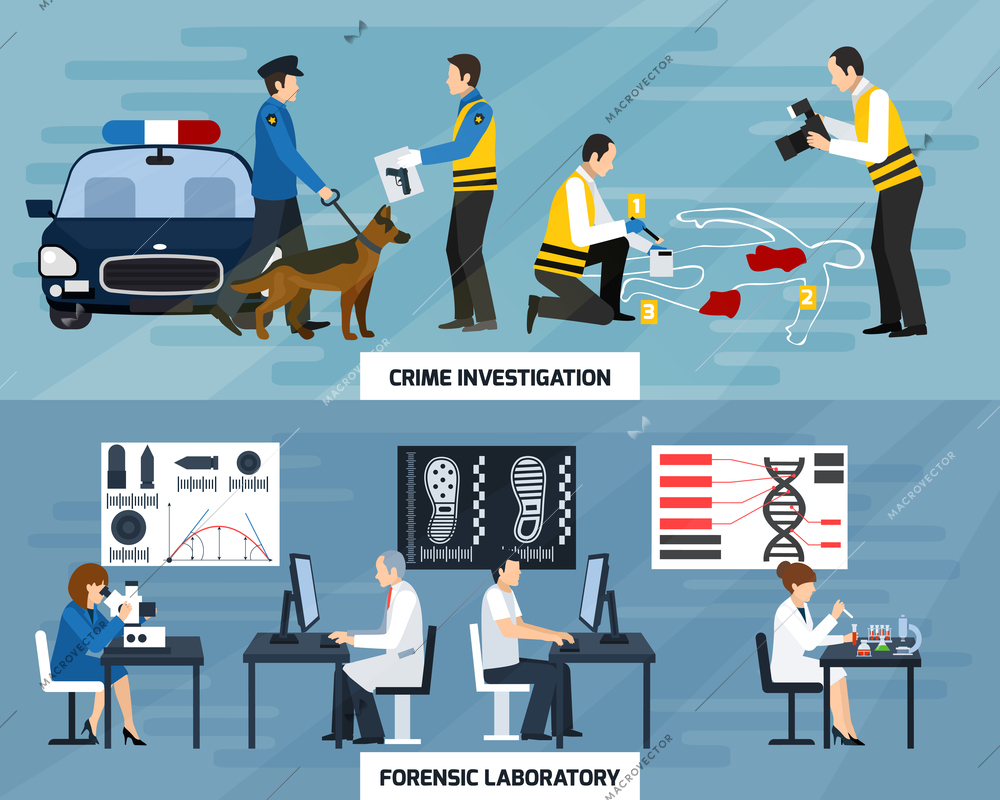 Crime investigation flat horizontal banners with police experts and forensic laboratory on blue background isolated vector illustration