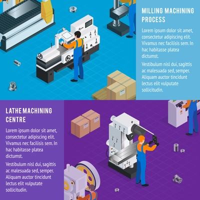 Metalworking lathe milling horizontal banners set with isometric images of manufacturing machine tool stations with human operators vector illustration