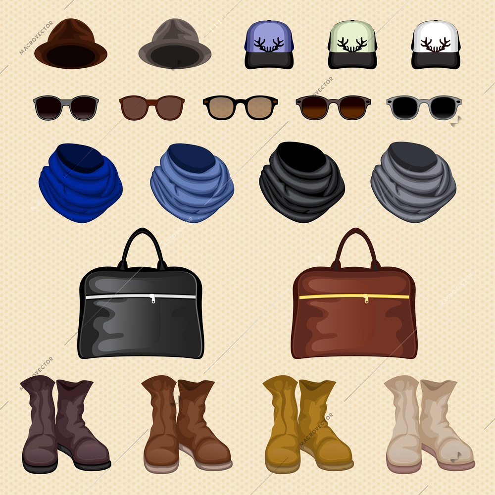 Hipster man male accessories pack design elements isolated vector illustration