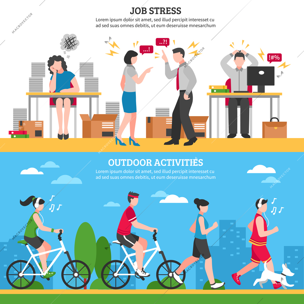 Job stress and ourdoor ways of relaxion horizontal banners set flat isolated vector illustration