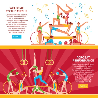 Horizontal flat banners with performance of circus acrobats with hoops balls maces rings isolated vector illustration