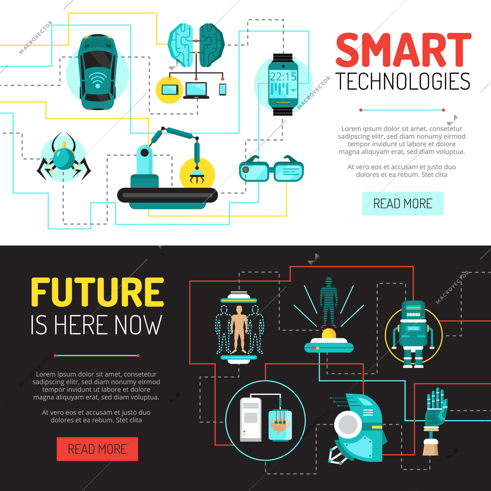 Artificial intelligence horizontal banners set with flat images of technological innovations and robotronics with read more button vector illustration