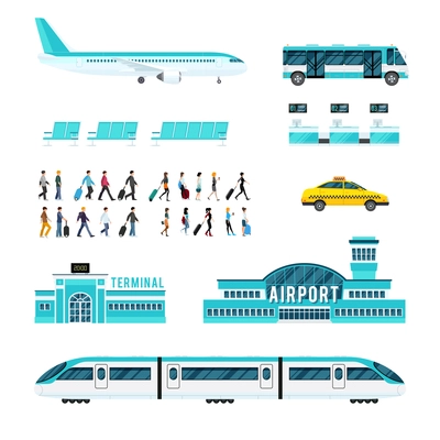 Set of icons with airport people with luggage transport including train plane bus taxi isolated vector illustration