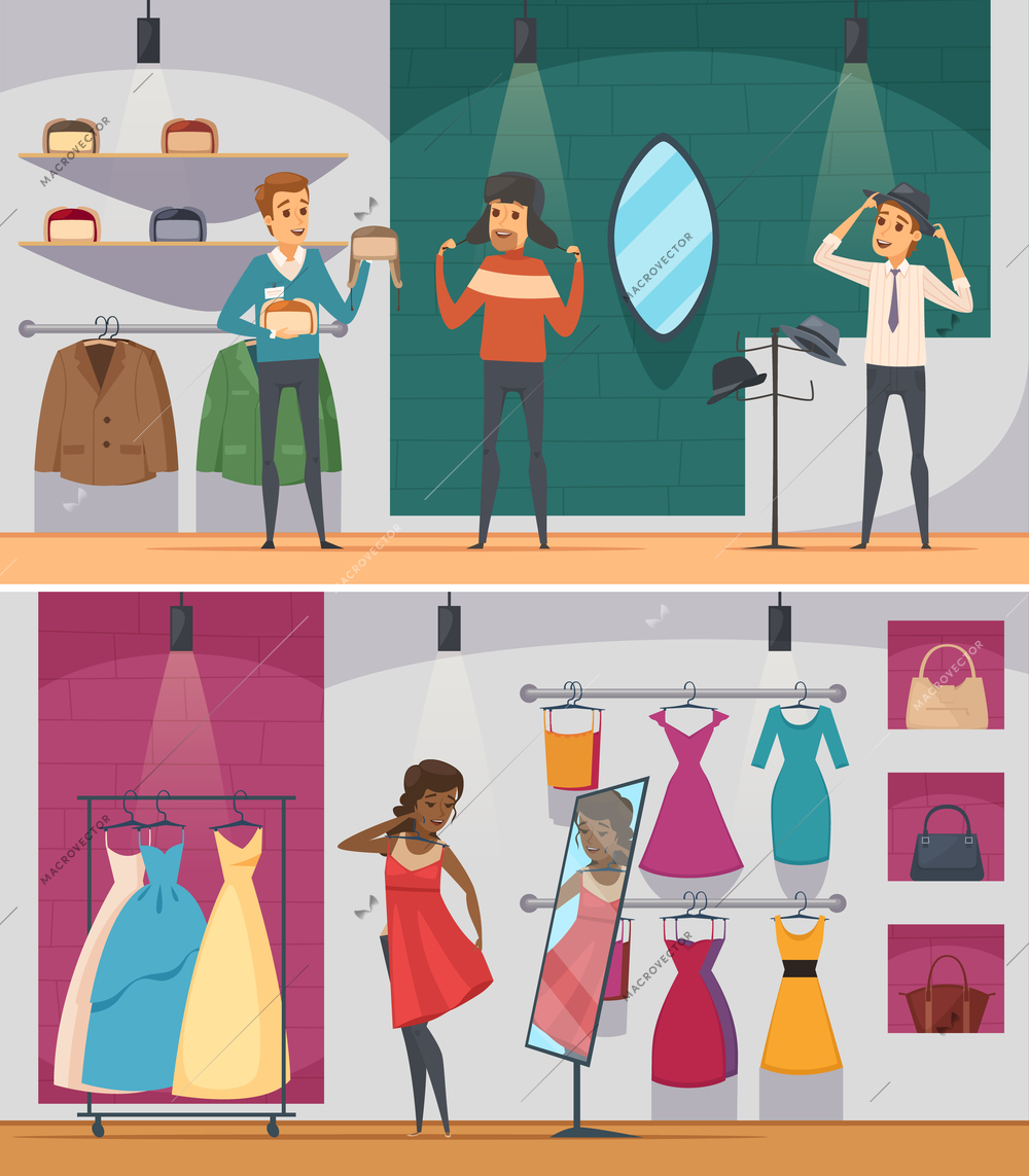 Two horizontal trying shop flat people composition set with man trying hat and woman trying on a dress vector illustration