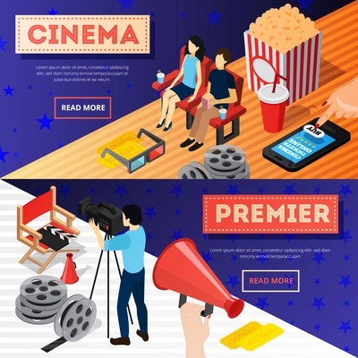 Cinema 3d isometric banners with conceptual images of popcorn film reel online tickets and camera operator vector illustration