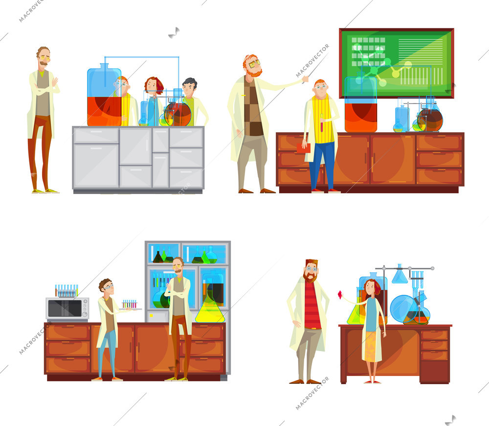 Set of compositions with teacher and students characters in chemical lab doing tests and taking lessons vector illustration