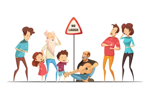 Hilarious funny family life moments with singing and laughing friends retro cartoon comic situation vector illustration