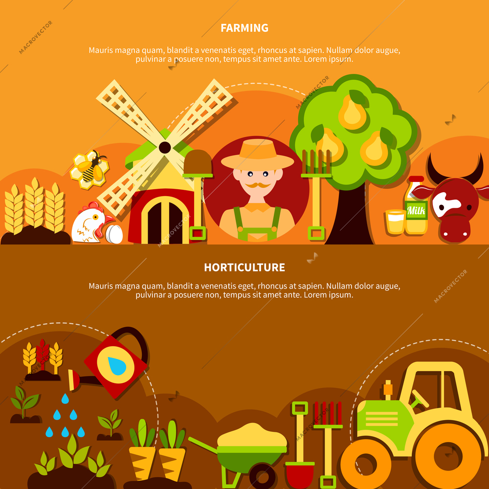 Agriculture banners set with agrimotor mill farm plants and equipment flat icon compositions with farmer character vector illustration