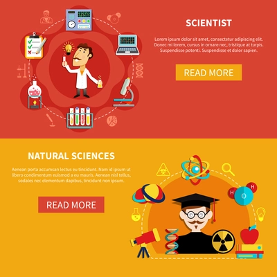 Horizontal natural science banners set with professor, researches and symbols of chemistry, phisics, flat vector illustration