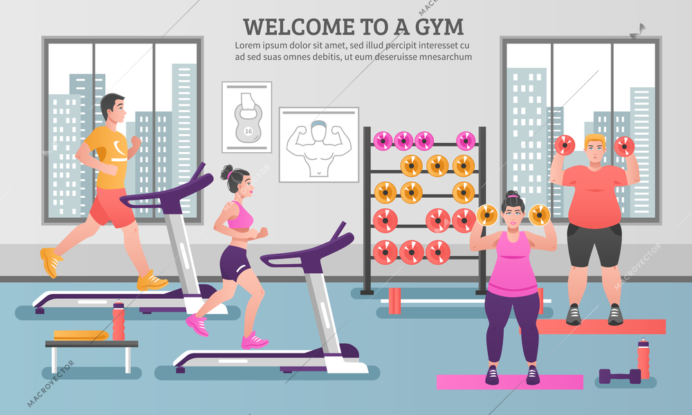 Fitness colored composition with people in the gym and having to work out vector illustration