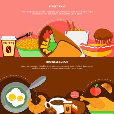 Street food and healthy business lunch 2 flat banners with chicken fried eggs and coffee isolated vector illustration