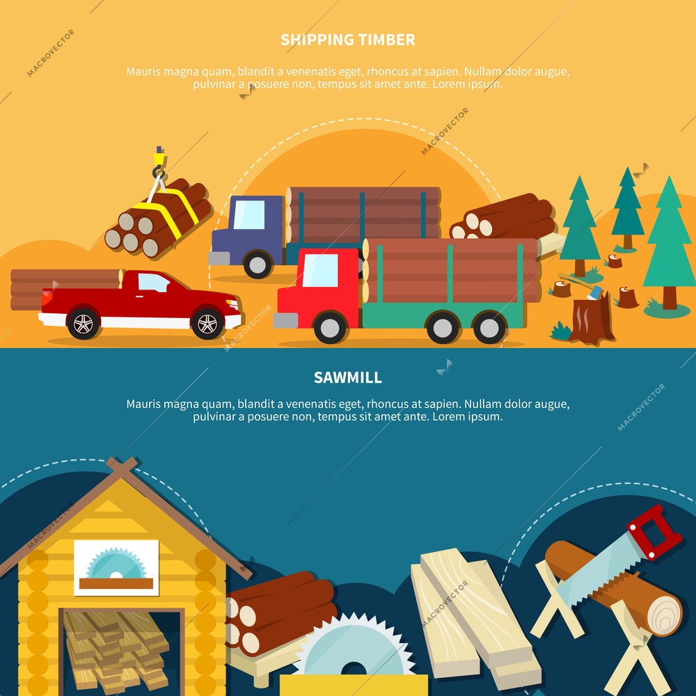 Two different flat and colored lumberjack banner set with shipping timber and sawmill headlines vector illustration