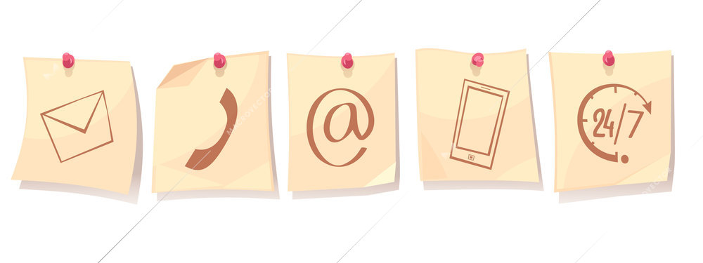 Contact us retro cartoon concept with paper sheets on tacks with support service icons isolated vector illustration