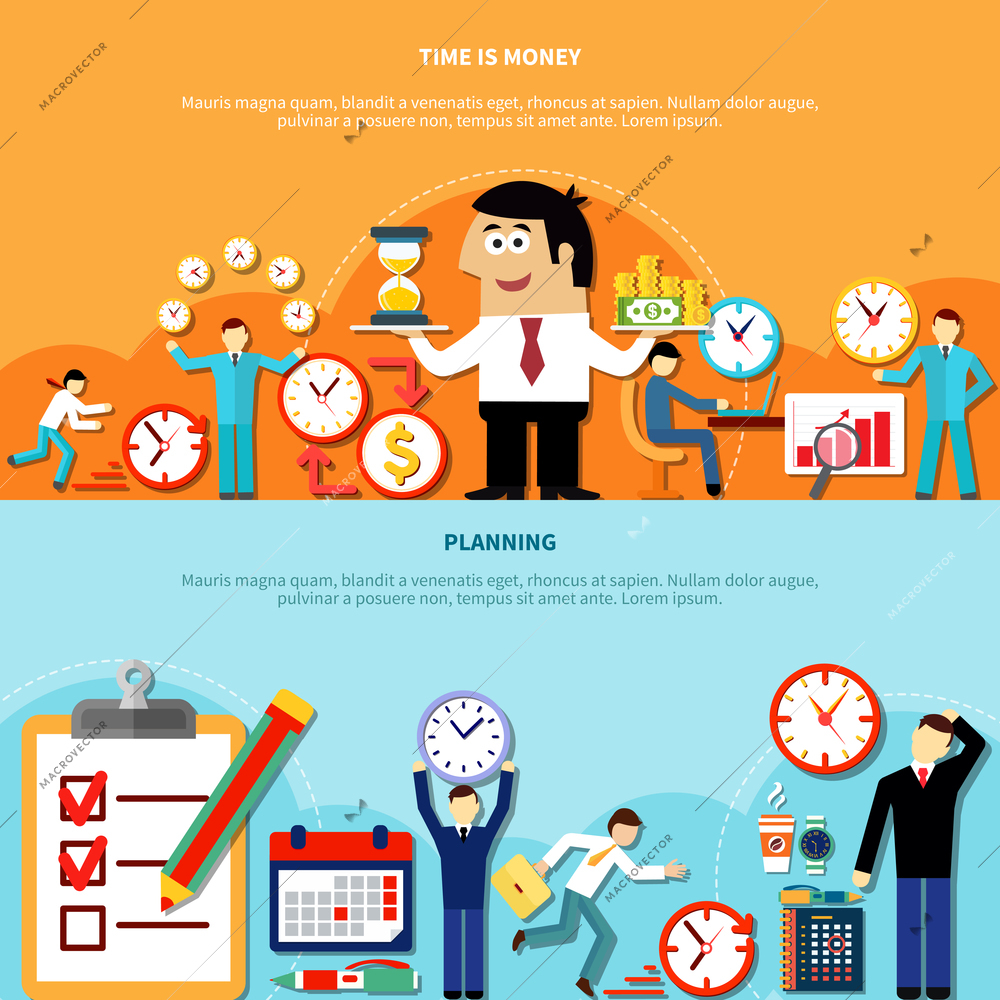 Two horizontal time management banners with flat human characters running clock and money signs with text vector illustration