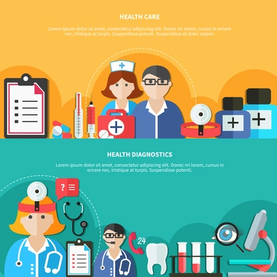 Horizontal flat banners with health care and diagnostics medical staff drugs and equipment isolated vector illustration